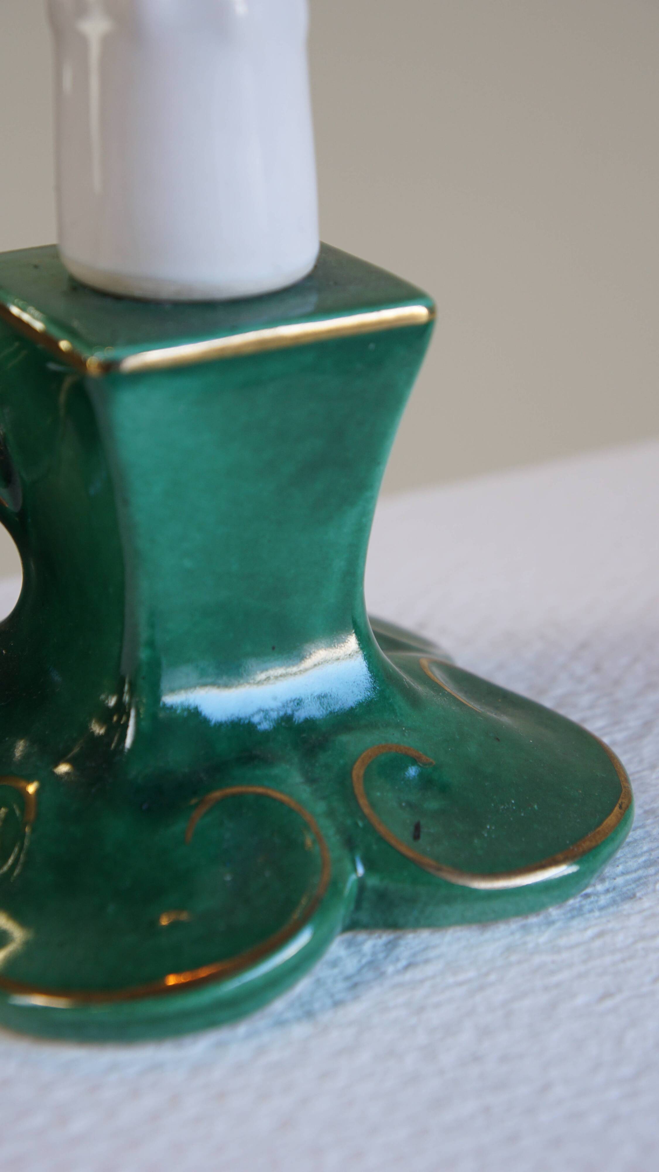 Vintage Green Ceramic French Lamp with Gold Accents