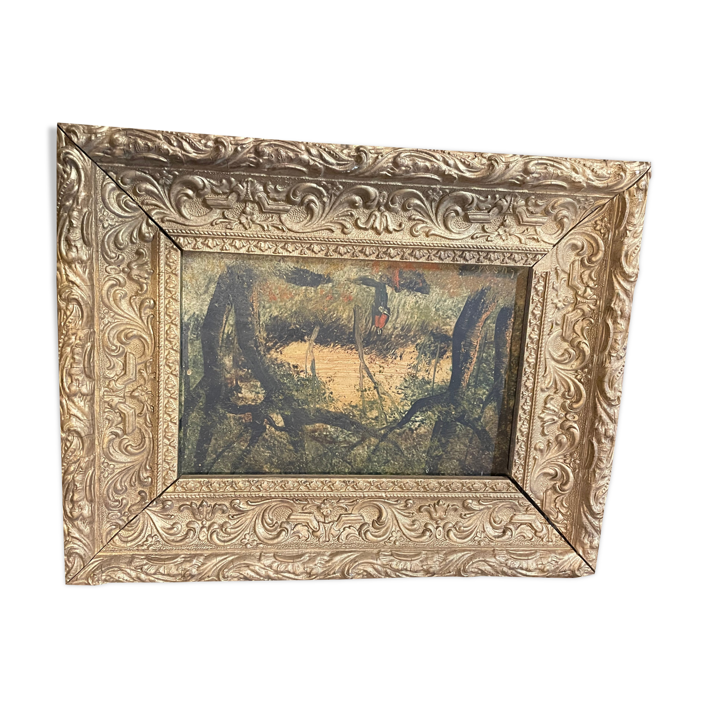 Oil on panel woman in an undergrowth