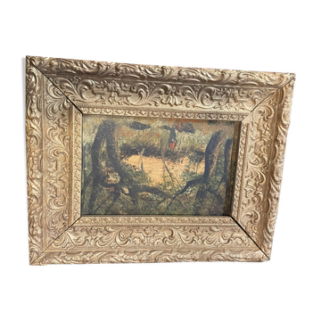 Oil on panel woman in an undergrowth