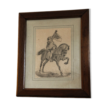 Drawing with lead mine, rider, signed