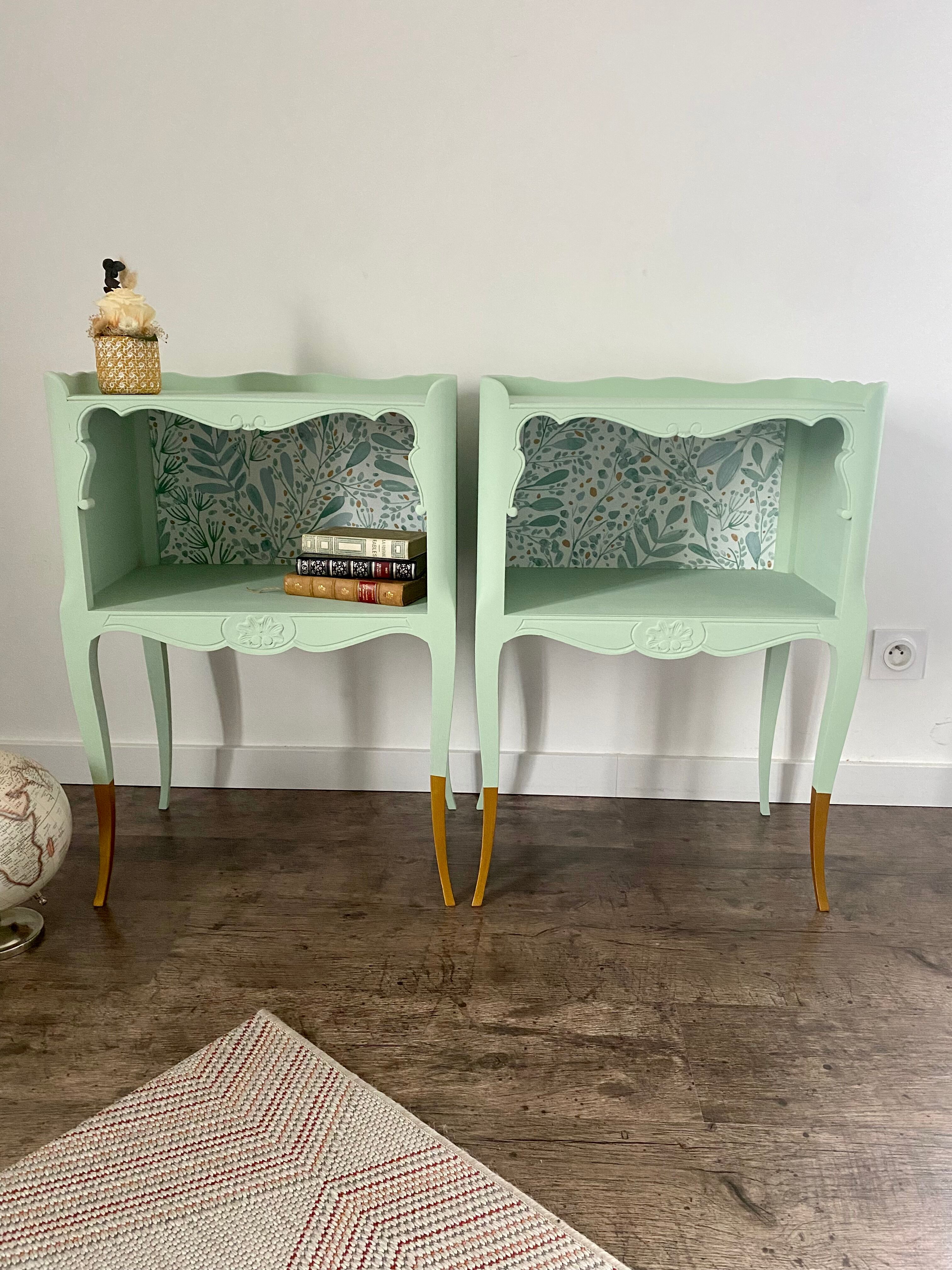 Pair of wooden bedside tables restyled green celadon