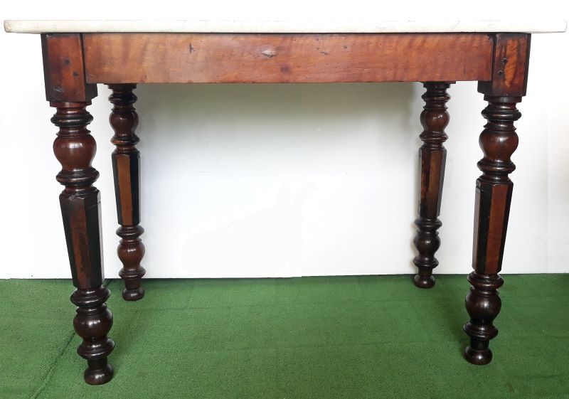 Walnut table on white marble for kitchen, old