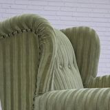 1950s, Danish relax armchair, green furniture velour fabric, ash wood legs.
