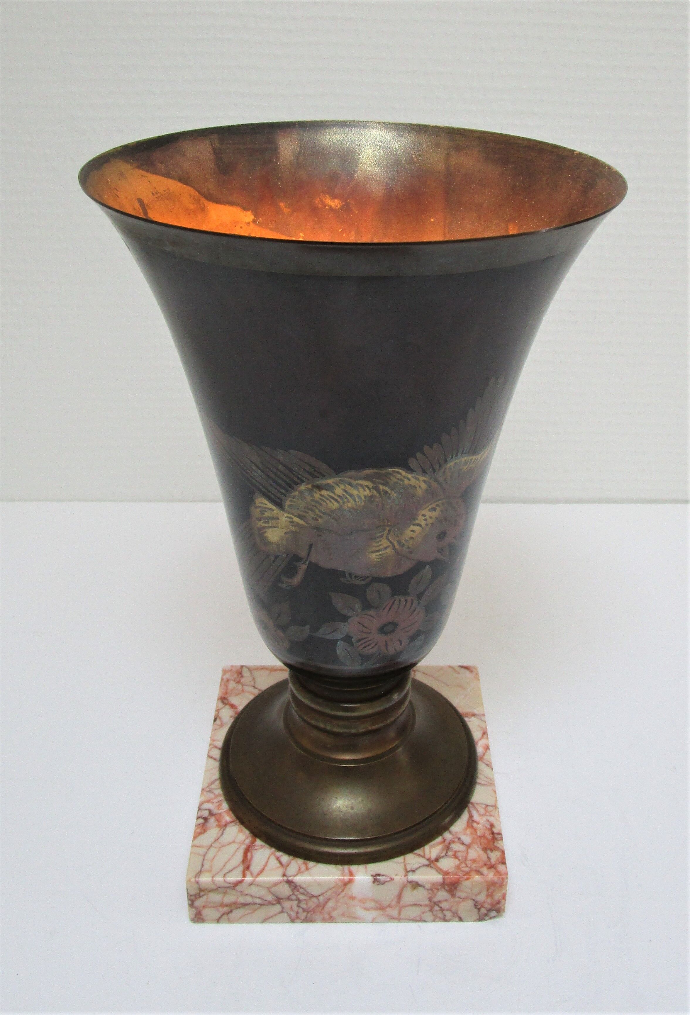 Lampe vasque art déco métal et marbre signée a.ducobu décor fleurs oiseau