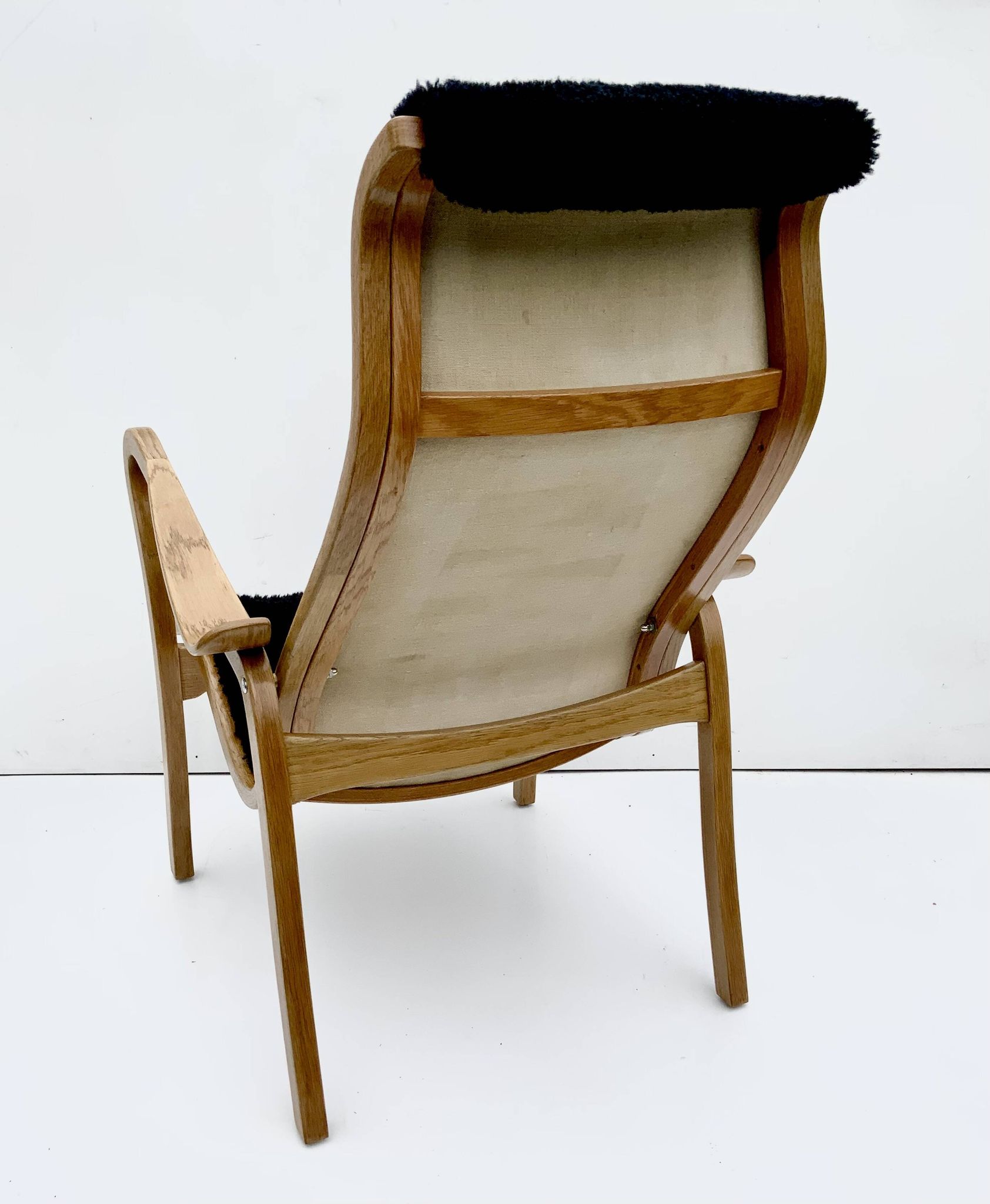 Vintage G.A. Berg “Torparen” Armchair, Oak, Black Sheepskin, Ottoman, 1960s