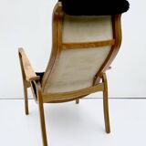 Vintage G.A. Berg “Torparen” Armchair, Oak, Black Sheepskin, Ottoman, 1960s