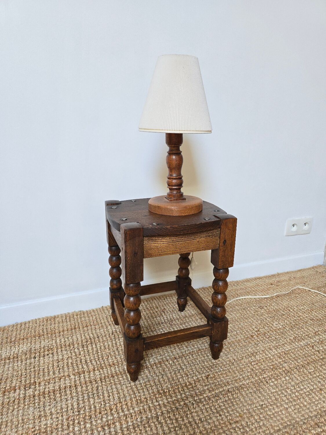Pair of brutalist stools in turned wood, Charles Dudouyt style, 1950s