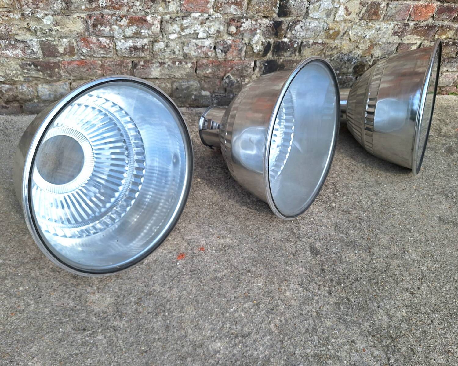 3 vintage industrial pendant lights, old workshop lighting fixtures