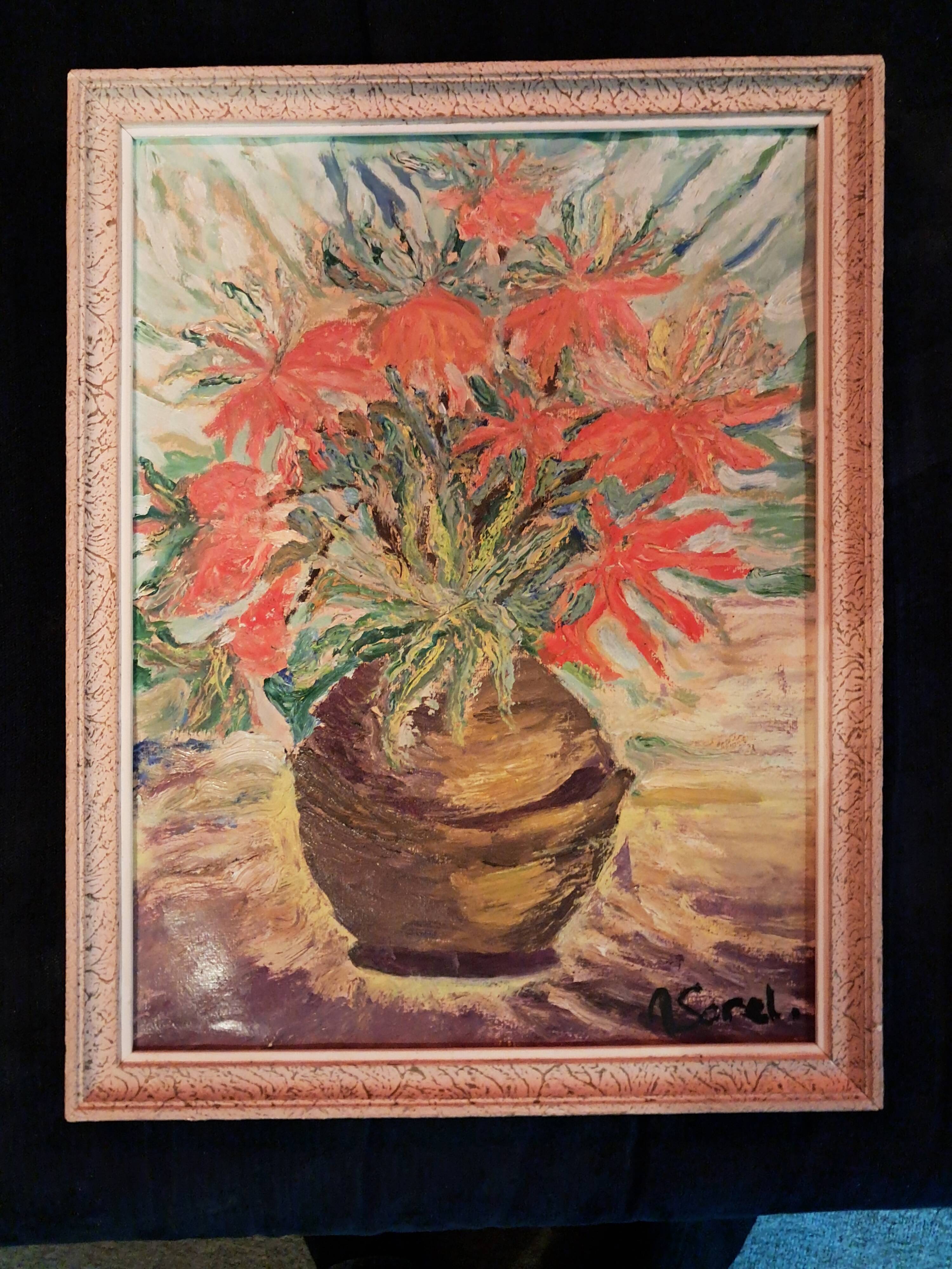 Tableau ancien à l'huile représentant un bouquet de fleurs