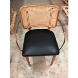 Light wood caning chair leather armrests