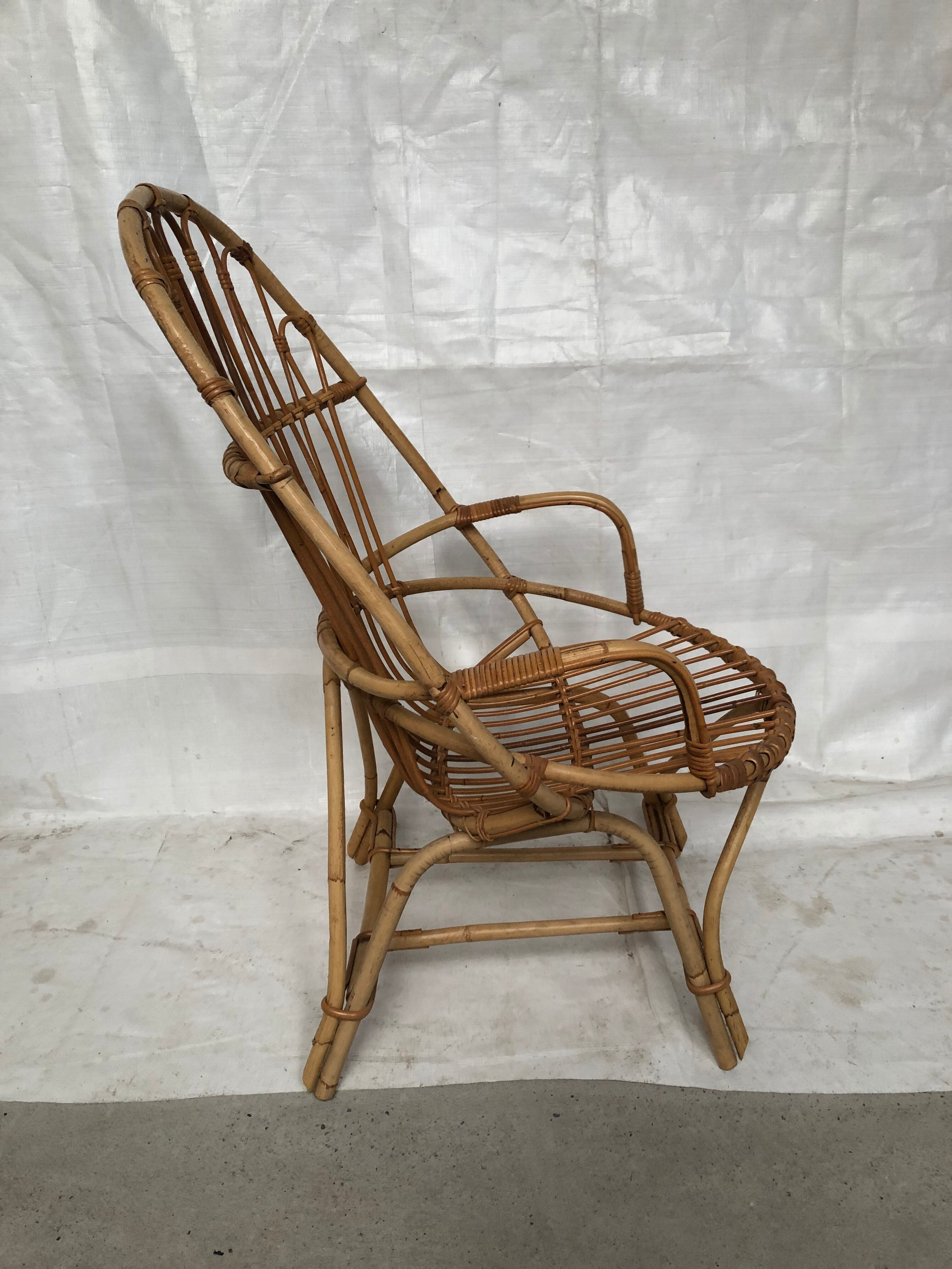 Wicker armchair rattan bamboo 60s large backrest