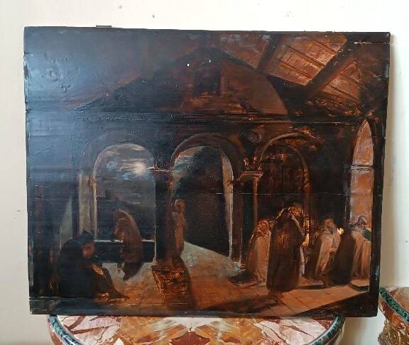 Ancient Table Large Sketch in Oil on Panel Convent of the Brothers 19th Century
