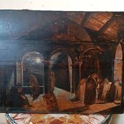Ancient Table Large Sketch in Oil on Panel Convent of the Brothers 19th Century