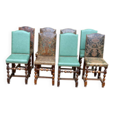8 chaises basques espagnoles en cuir vert et marron doré