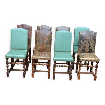 8 Spanish Basque chairs in green and golden brown leather