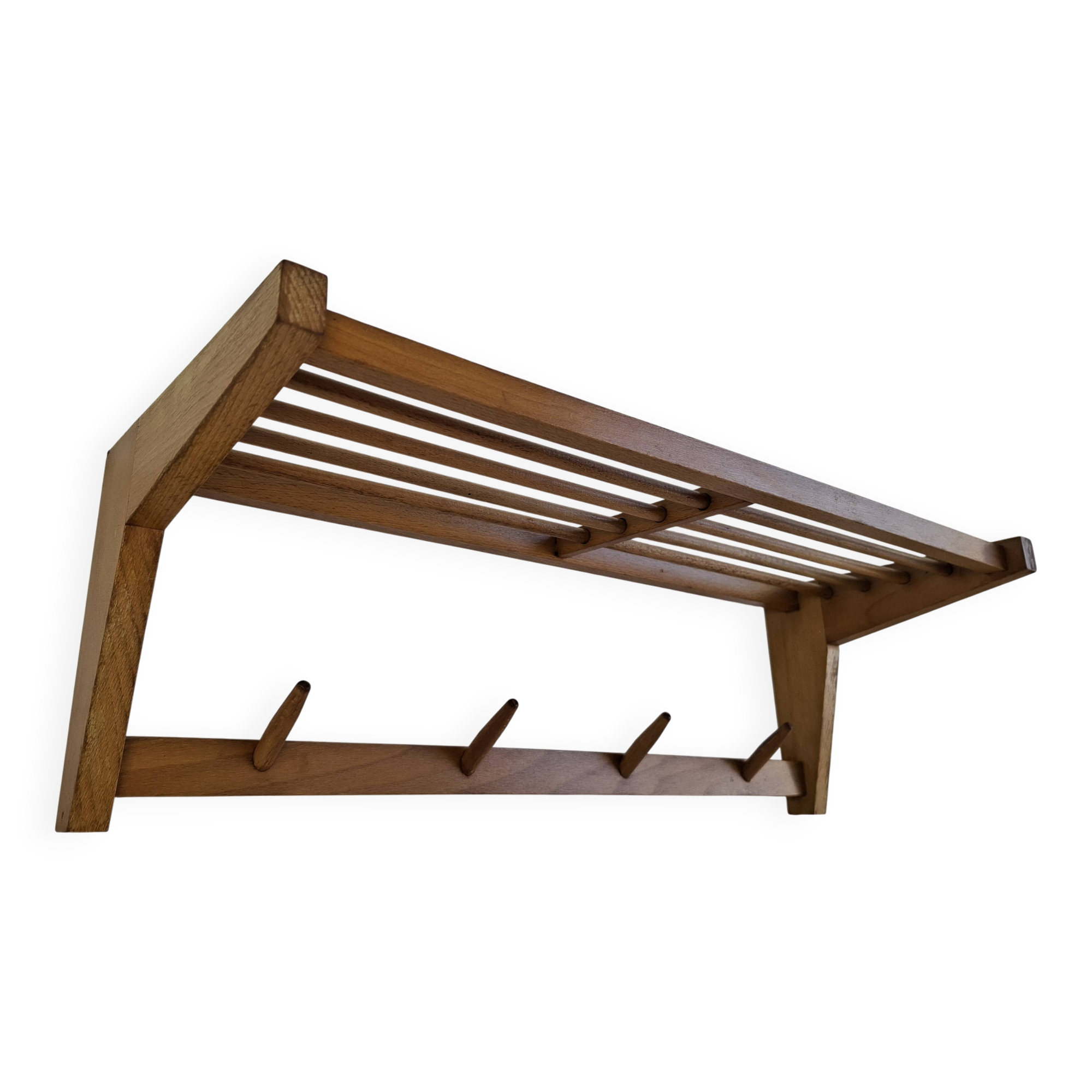 Mid-century Czechoslovak wooden wall coat rack with shelf, Uluv, 1970s