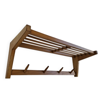 Mid-century Czechoslovak wooden wall coat rack with shelf, Uluv, 1970s