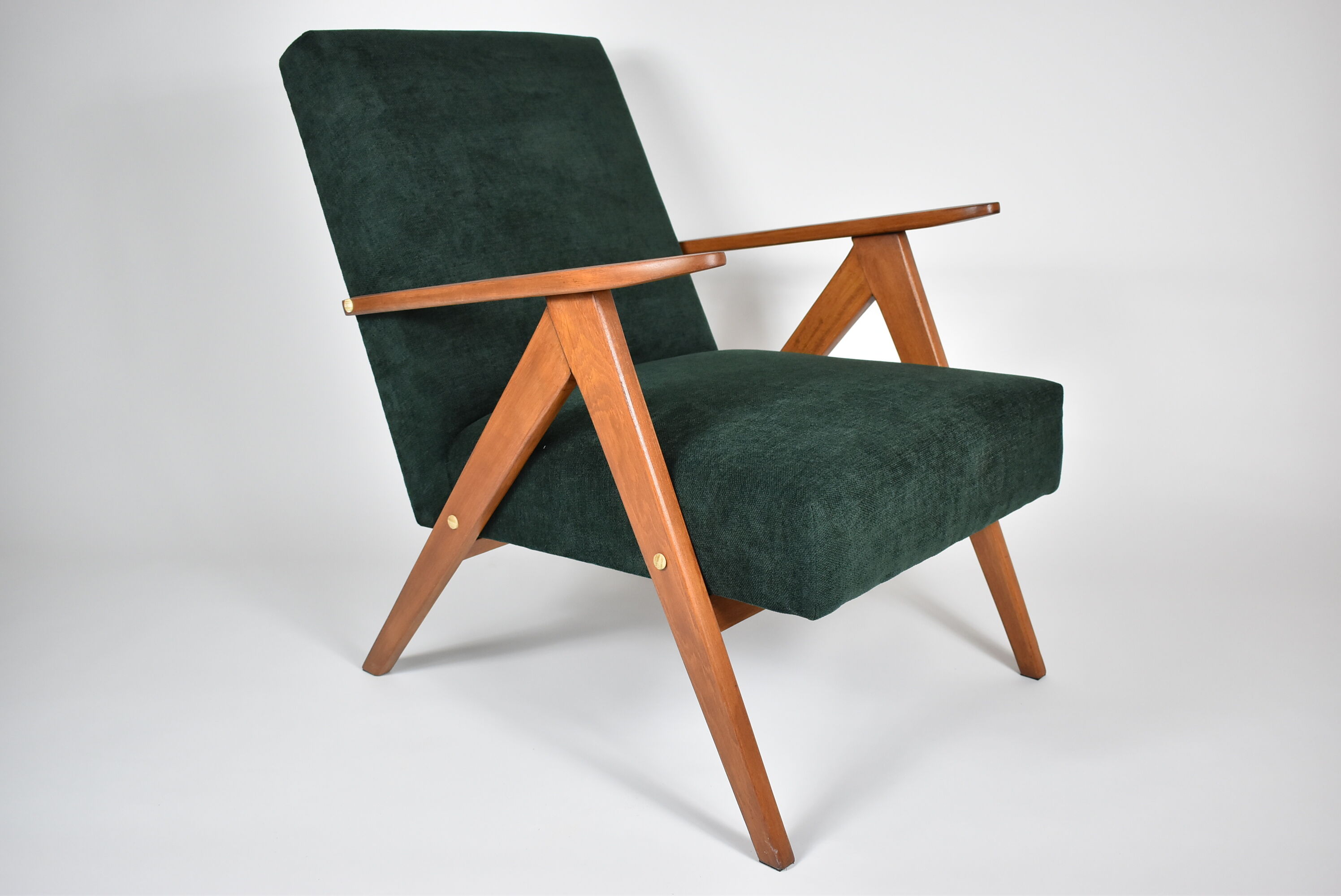 Restored compas armchair, green forest fabric, teak wood, 1960
