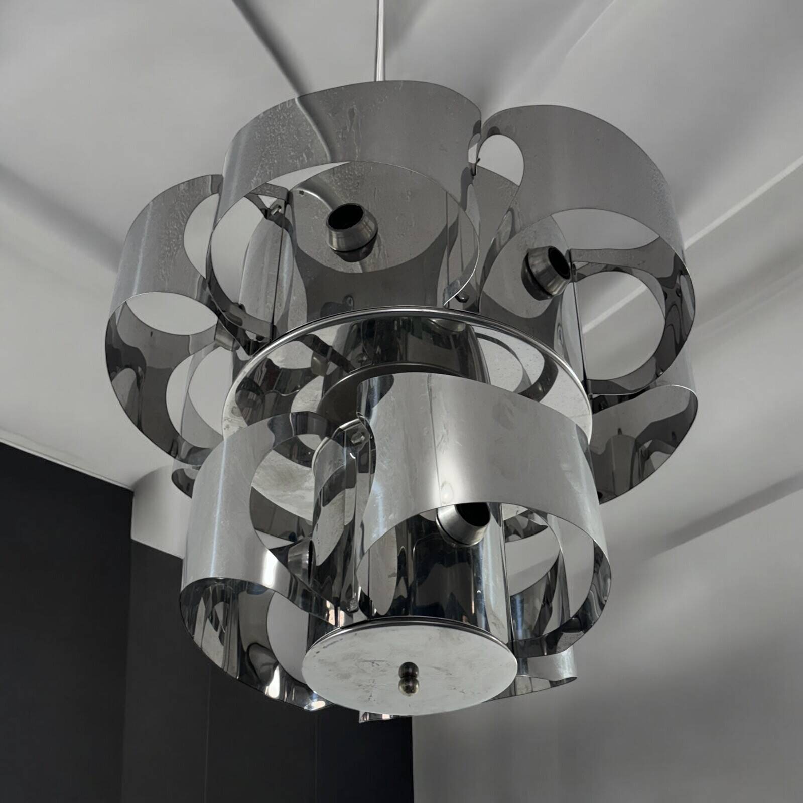 Curved steel chandelier attributed to Max Sauze, 9 lights