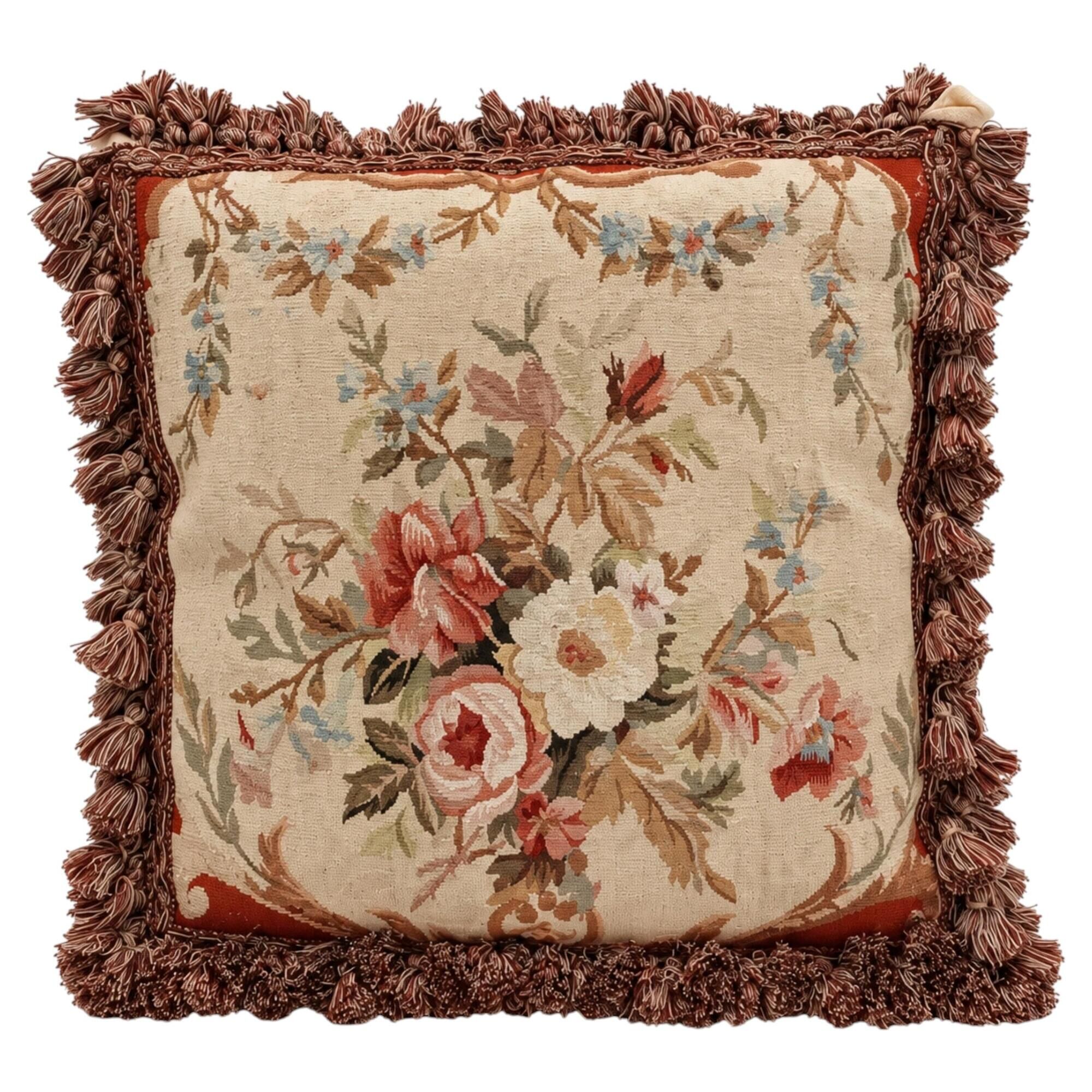 French Style Cushion Cover Handwoven Aubusson Tapestry Floral Rose Bouquet