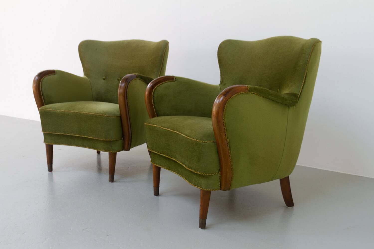 Danish art deco green velvet lounge chairs, 1940s. set of 2