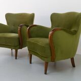 Danish art deco green velvet lounge chairs, 1940s. set of 2