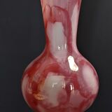 Vintage vase in iridescent glass and opaline marbled pink and white 34 cm