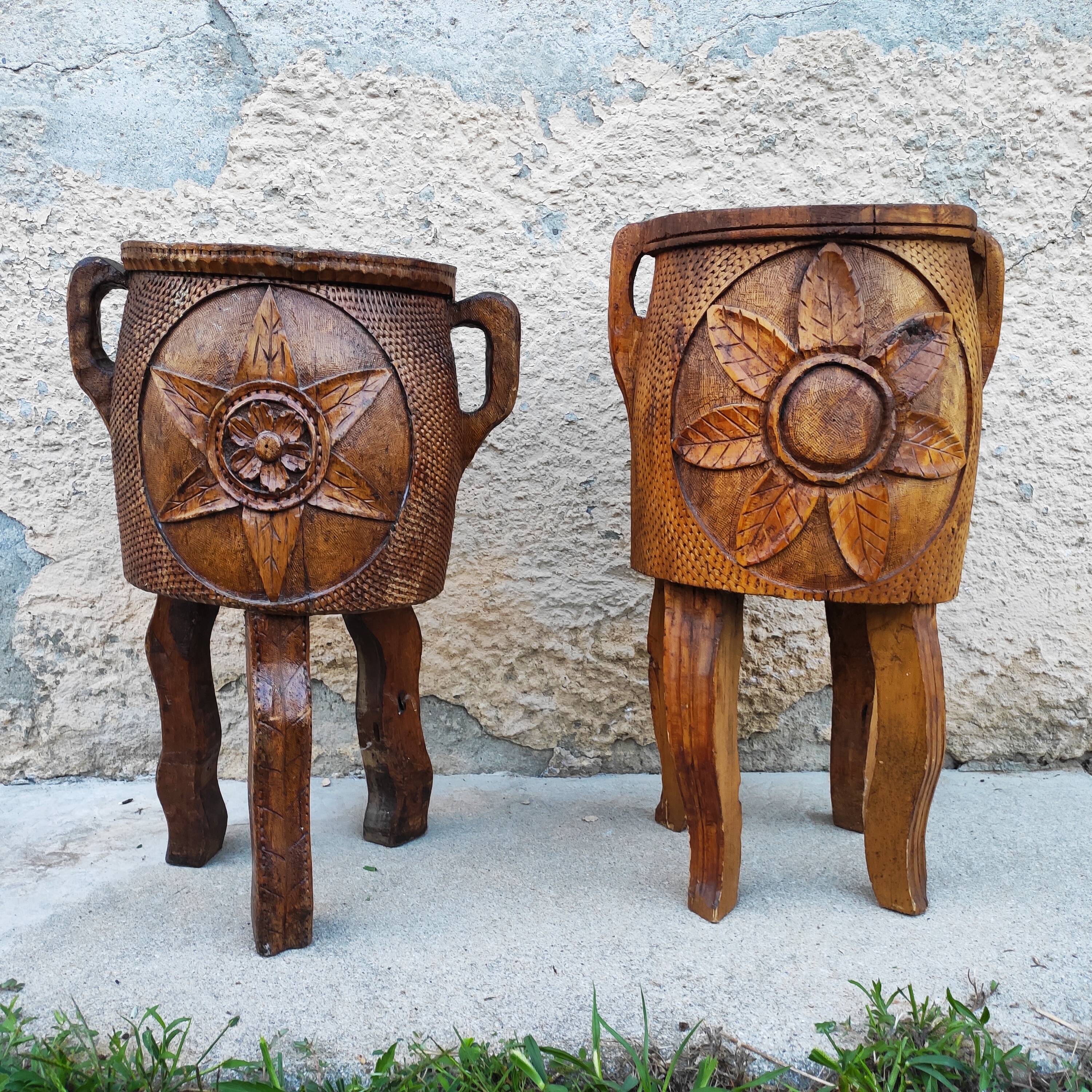 Pair of antique brutalist planters, Savoyard folk art