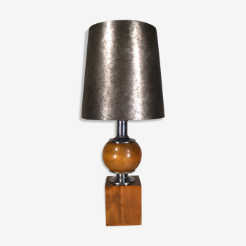 Pied de lampe moderniste Philippe Barbier en bois et métal chromé XX ème