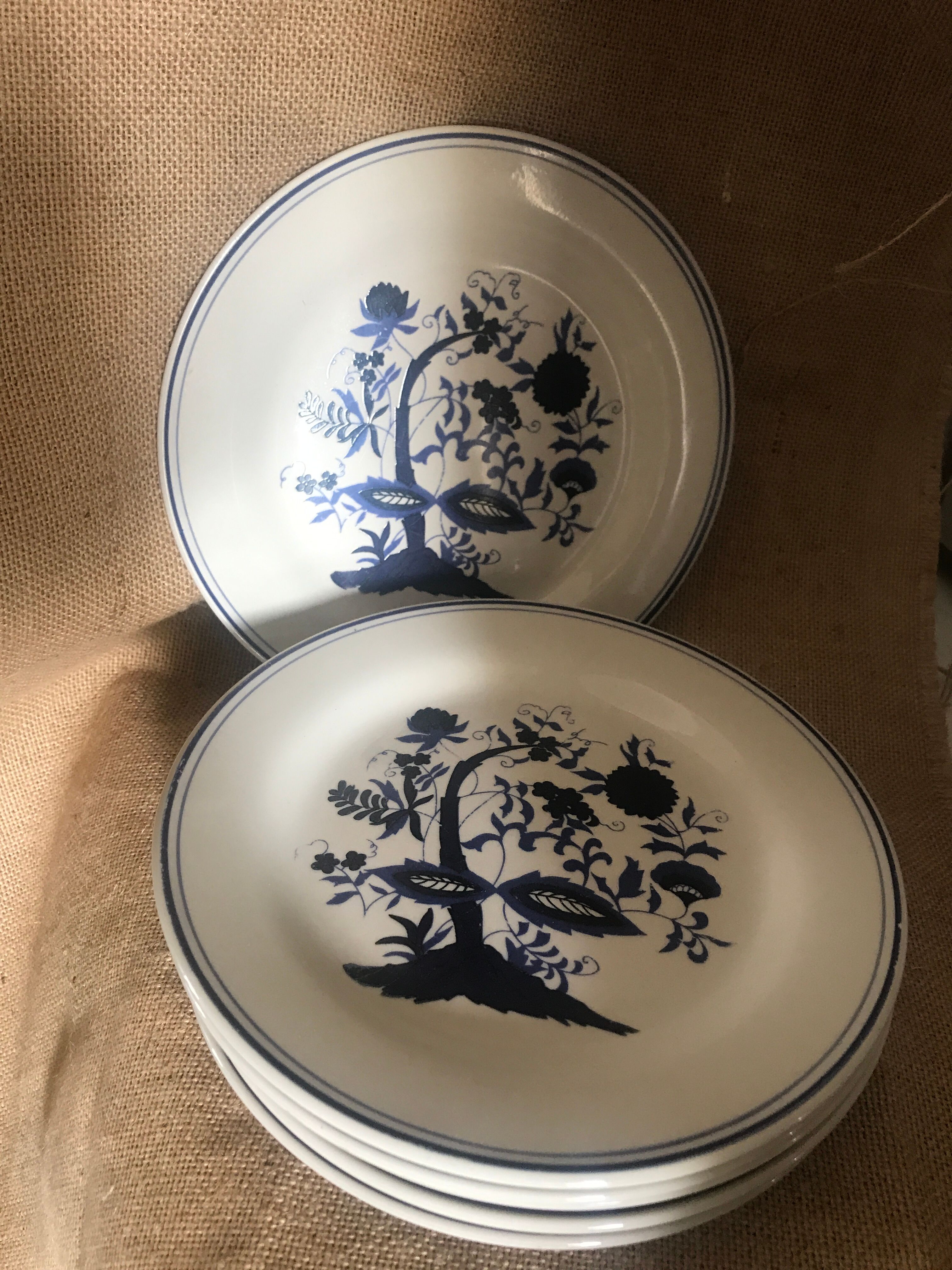 6 flat plates with blue English porcelain dessert