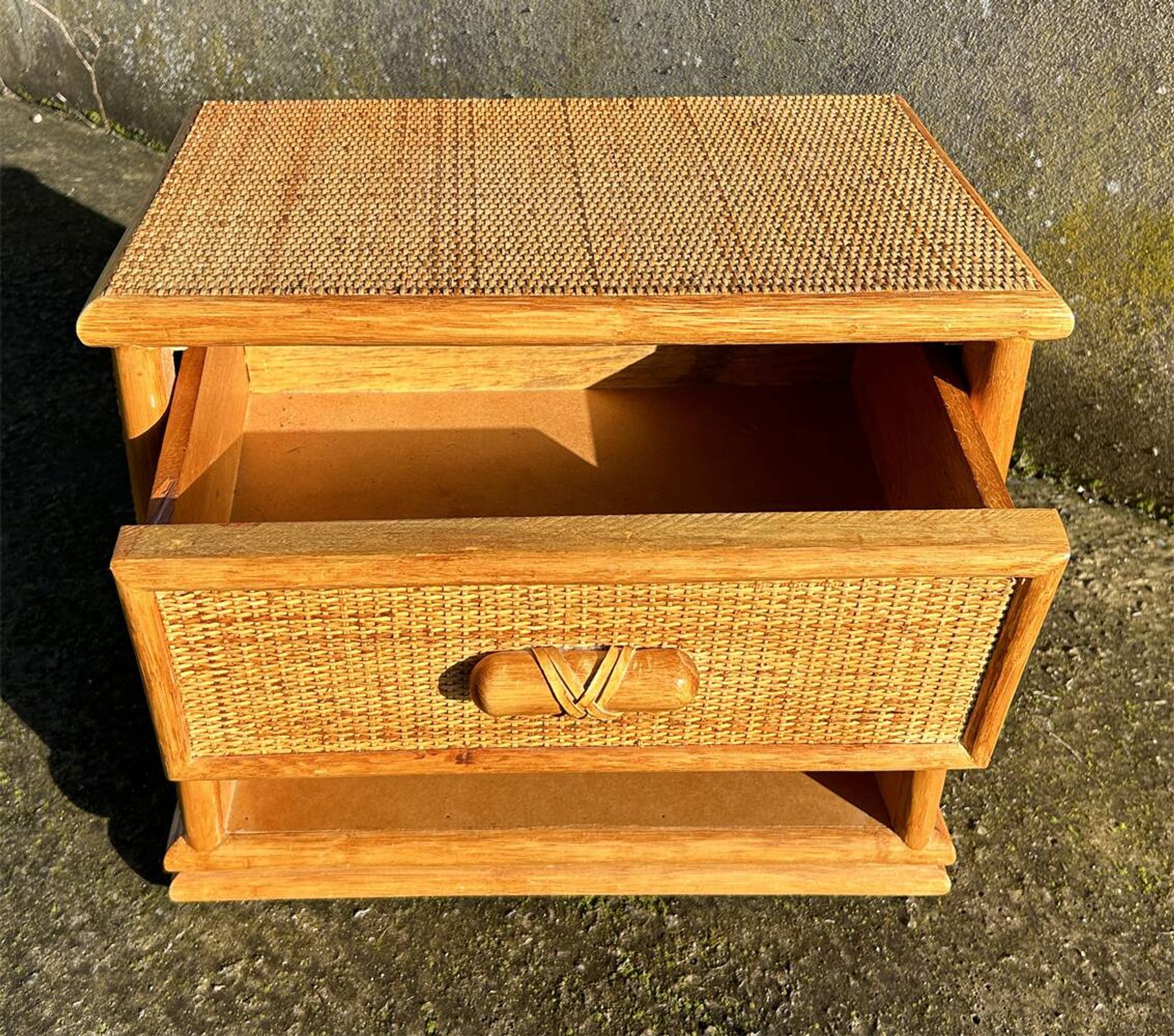 Maugrion bedside table for Roche Bobois, wood and rattan, 1980s
