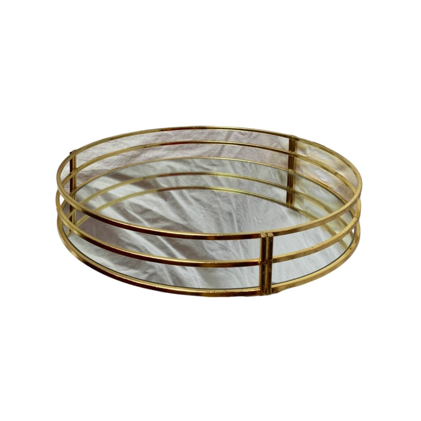 Vintage round tray in gold metal and mirror