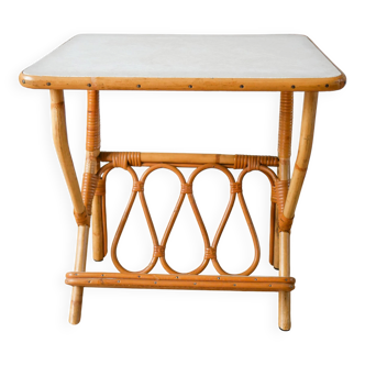 1960s rattan and bamboo side table with magazine rack