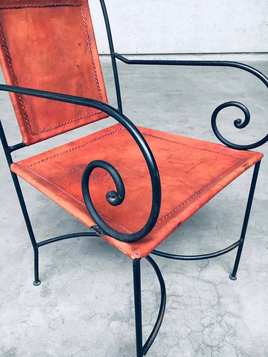 Wrought Iron and Leather Swirl Dining Chairs, Spain, 1960s, Set of 6