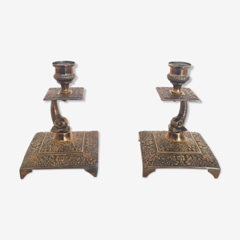 Pair of brass candle holders - Asian Motifs - 1960