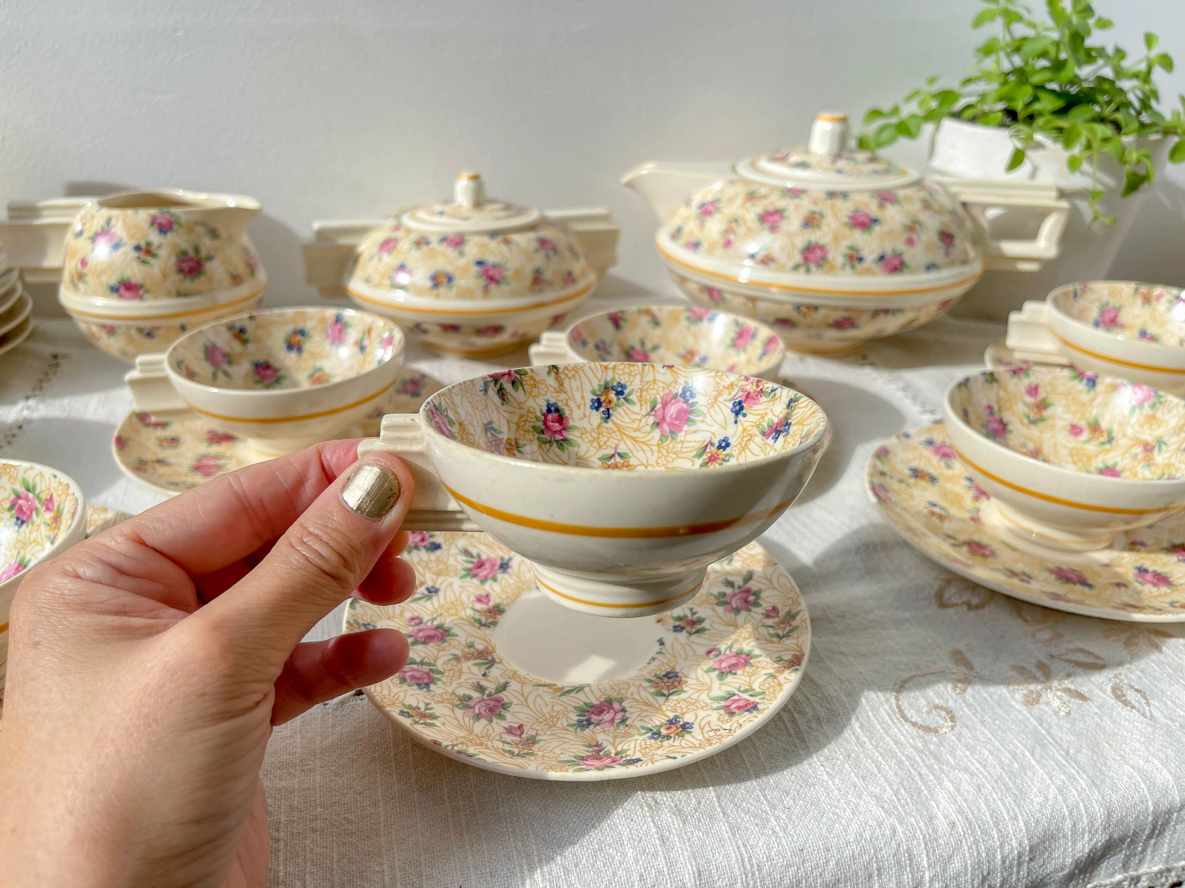 Robj Paris Coffee Tea Set with Floral Yellow Porcelain Core - Vintage Art Deco Style