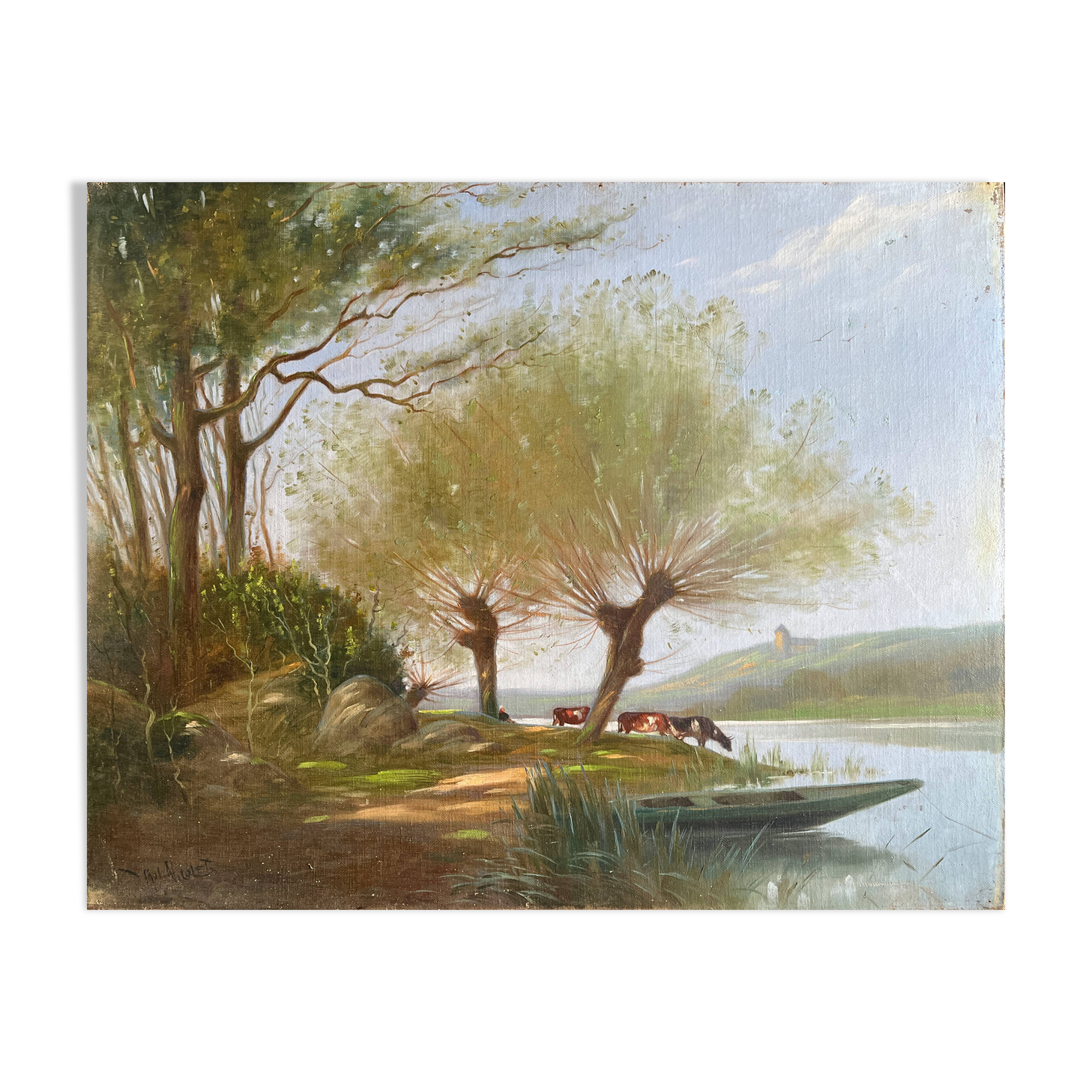 HST painting "Landscape along the water with cows" signed Paul Nicolet (20th century)