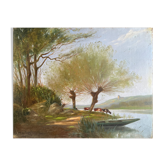 HST painting "Landscape along the water with cows" signed Paul Nicolet (20th century)