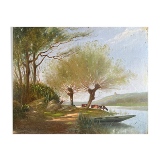 HST painting "Landscape along the water with cows" signed Paul Nicolet (20th century)