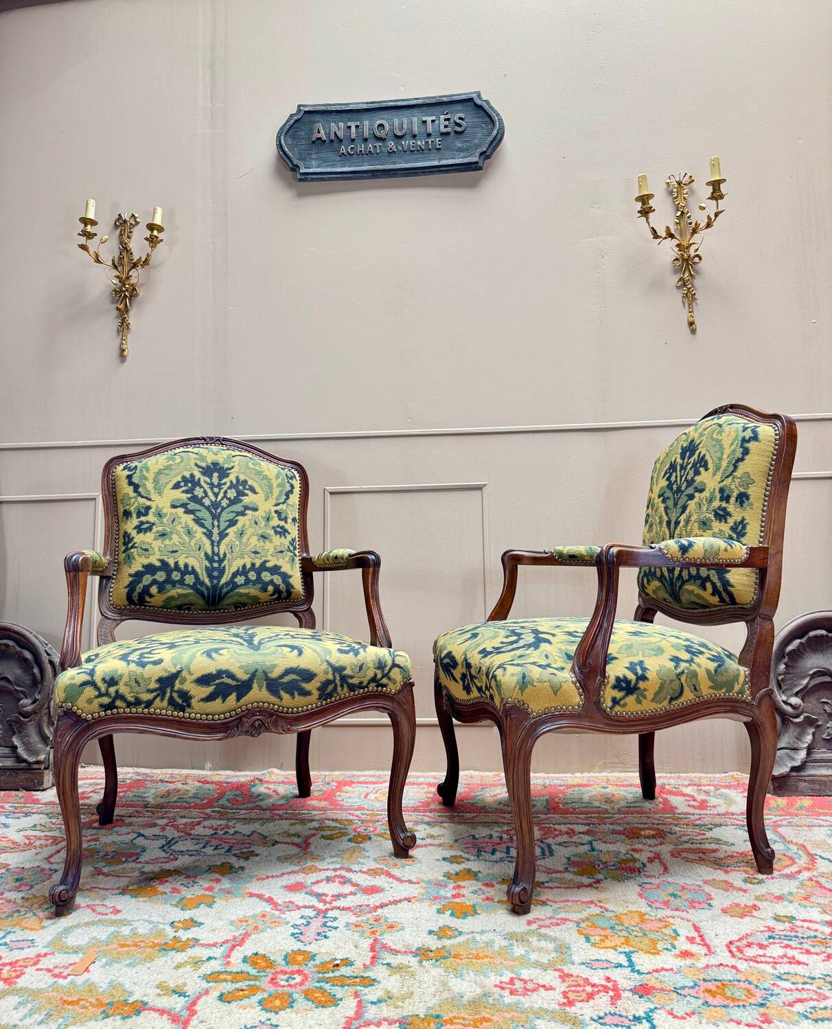 Pair of Louis XV Style Walnut Armchairs, 19th Century