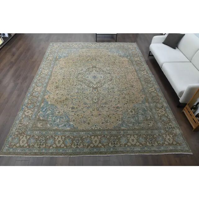 1960s Vintage Persian Handmade Wool Cotton Yellow Area Rug 284x366