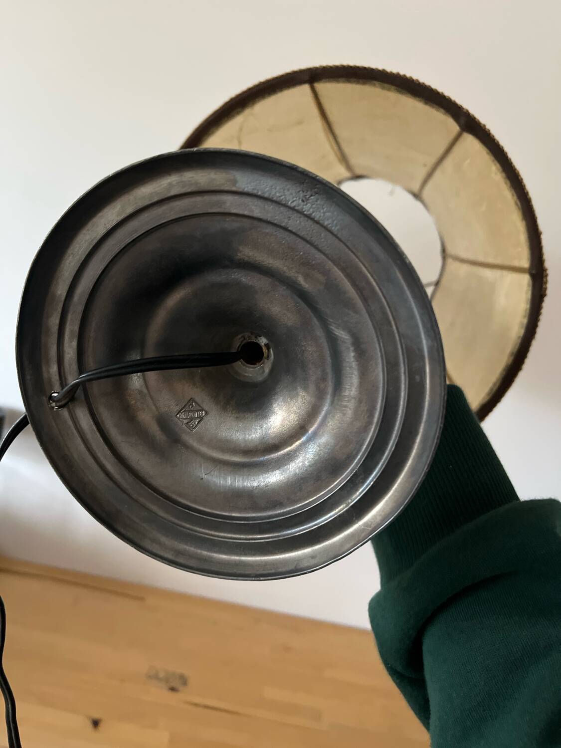 Vintage table lamp, front light, rice paper, pewter base, signed