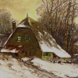 Oil on canvas "Snowy village animated by characters" XX century