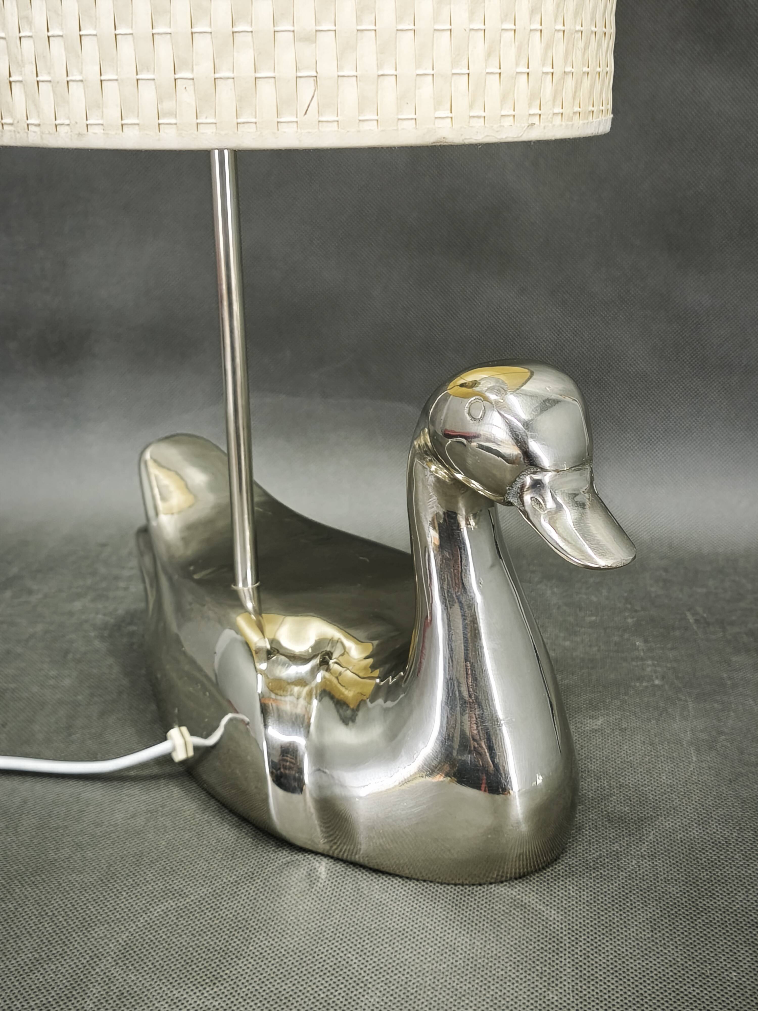 Italian Chrome Duck Table Lamp with Original Shade, 1970s