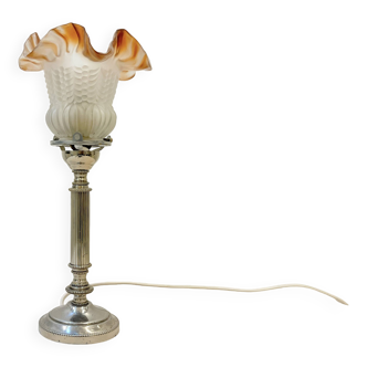 Lampe de chevet Empire chrome et opaline tulipe plissé ancienne Art Déco