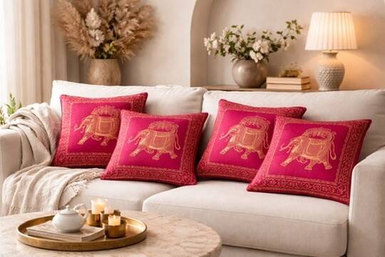 Set of 4 embroidered cushions with golden pink fuchsia elephant – 42x42 cm – front and back