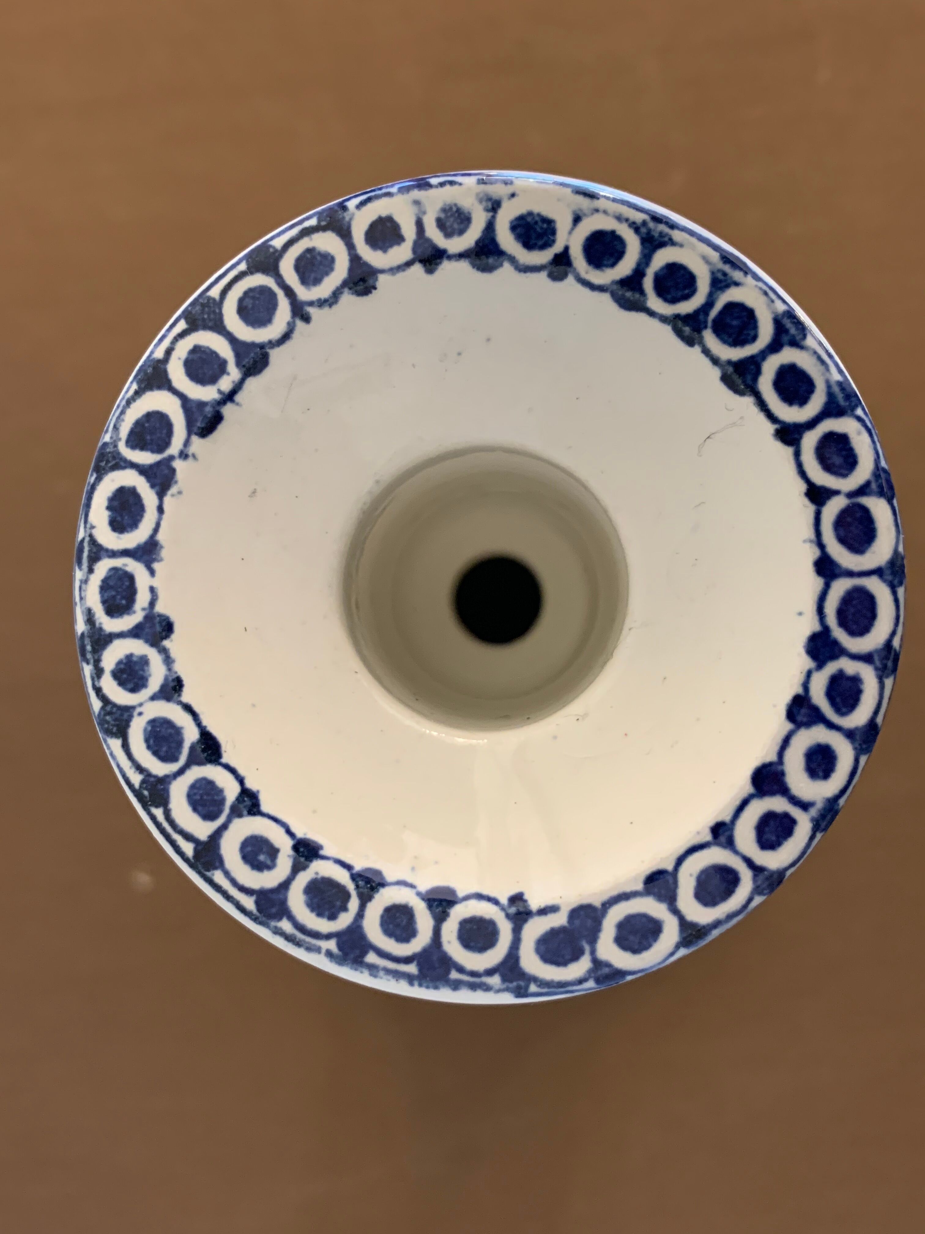 Pair of old candlesticks in blue and white earthenware Gien 1950