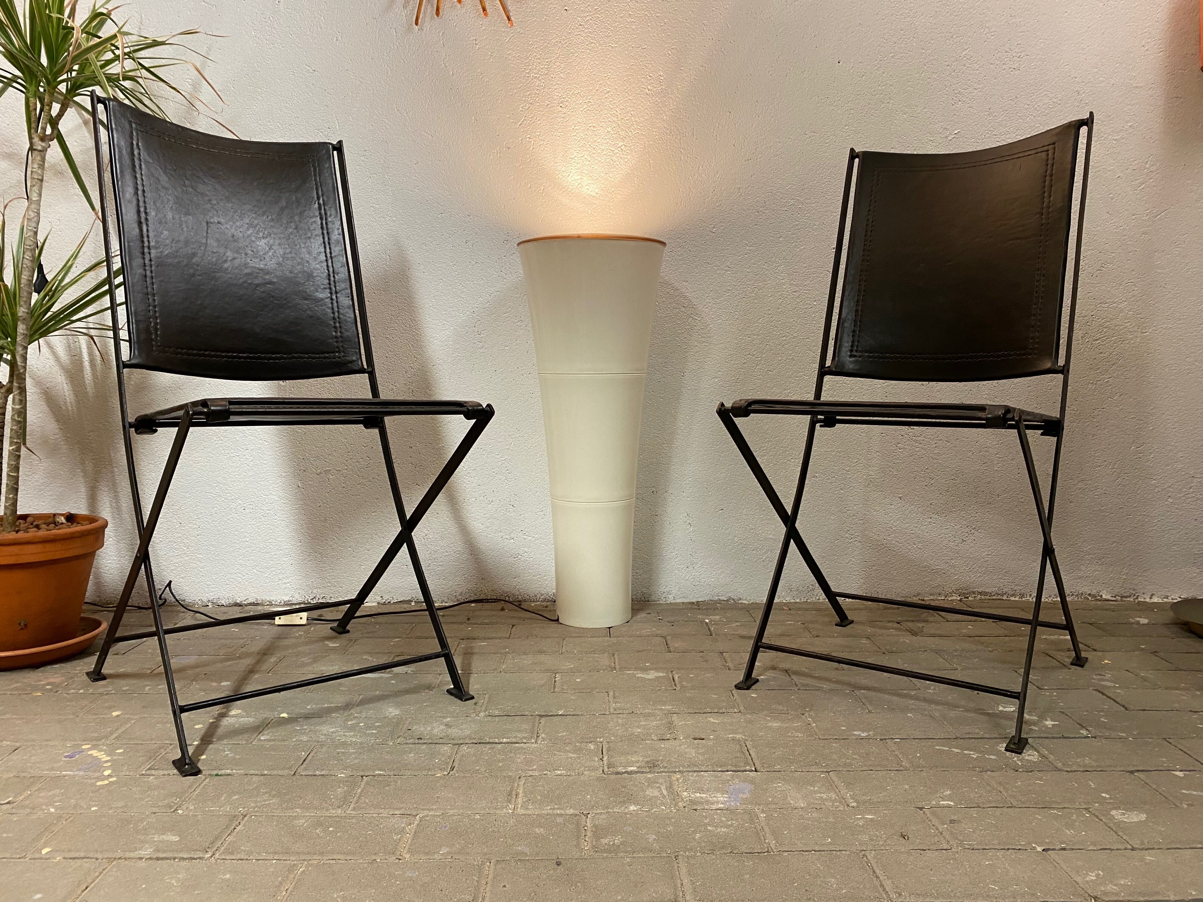 1950s vintage iron folding chairs and leather