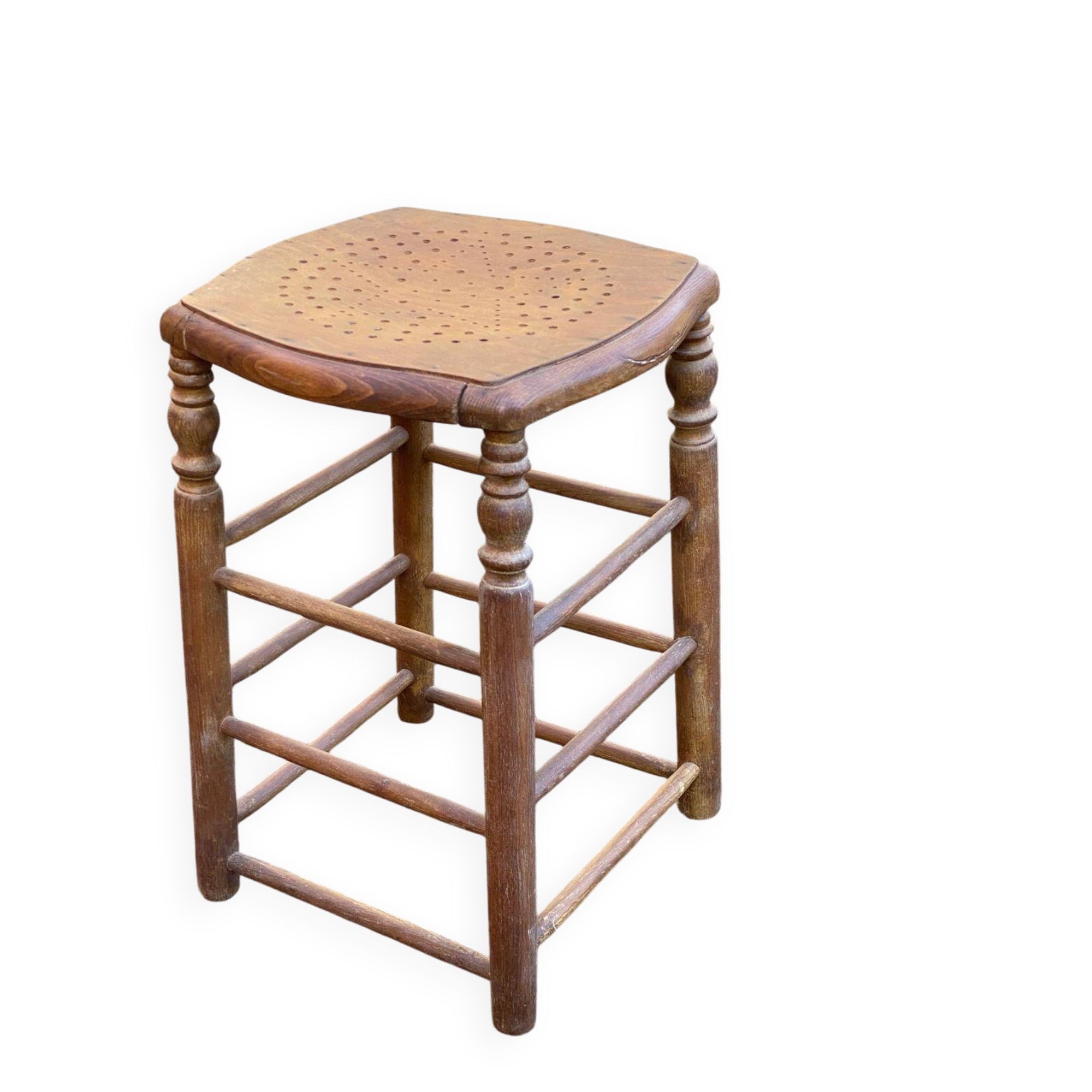 Vintage square stool made of solid wood from the 19th century, 55cm.