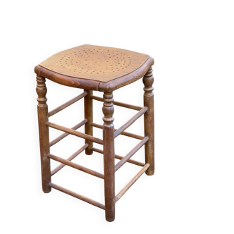 Vintage square stool made of solid wood from the 19th century, 55cm.